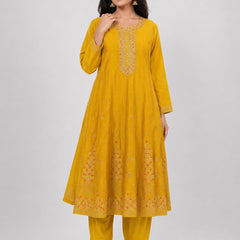 Yellow Embroidered Cotton Silk Anarkali Kurta Set with Trousers & Dupatta