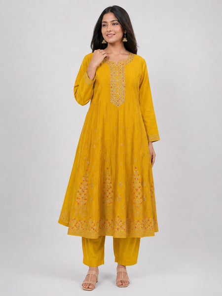 Yellow Embroidered Cotton Silk Anarkali Kurta Set with Trousers & Dupatta