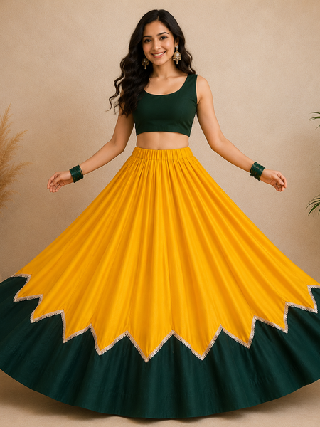 Cotton Silk YELLOW-GREEN Stitched Lehenga  for Navratri DBL5047