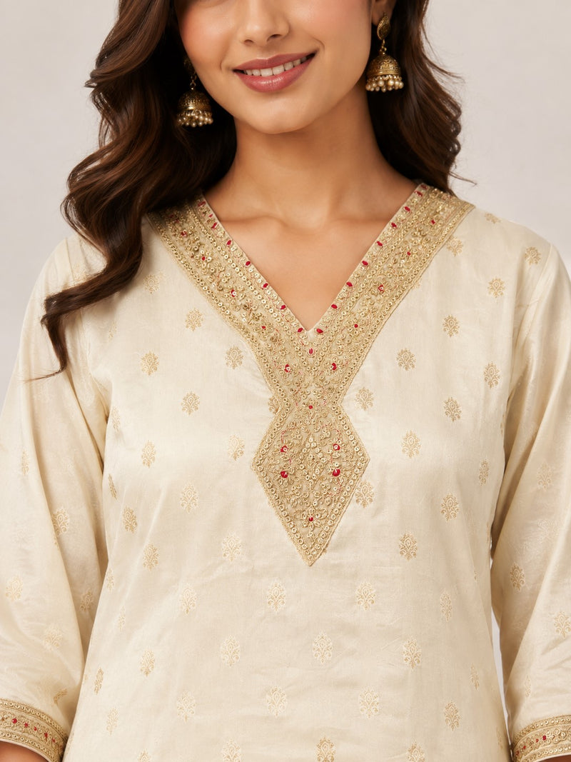 Women's Cream Embroidered Cotton Silk Kurta Set with Palazzos & Dupatta