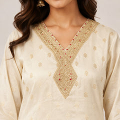 Women's Cream Embroidered Cotton Silk Kurta Set with Palazzos & Dupatta