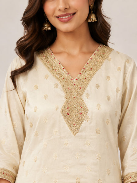 Women's Cream Embroidered Cotton Silk Kurta Set with Palazzos & Dupatta
