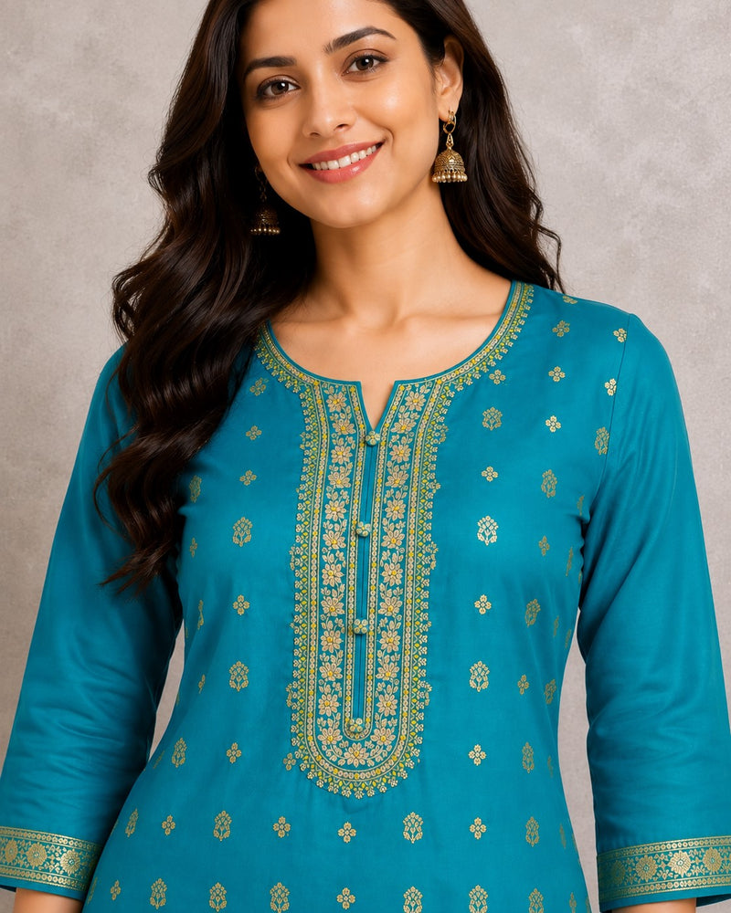 Women's Teal Embroidered Cotton Silk Kurta Set with Trousers & Dupatta