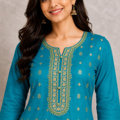 Women's Teal Embroidered Cotton Silk Kurta Set with Trousers & Dupatta