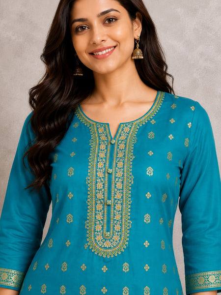 Women's Teal Embroidered Cotton Silk Kurta Set with Trousers & Dupatta