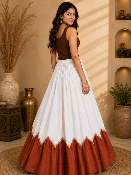 Cotton Silk WHITE-BROWN Stitched Lehenga  for Navratri DBL5046