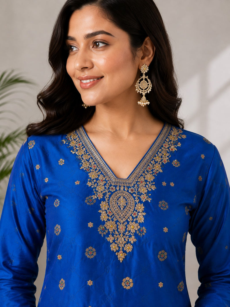 Women's Blue Embroidered Cotton Silk Kurta Set with Trousers & Dupatta