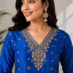 Women's Blue Embroidered Cotton Silk Kurta Set with Trousers & Dupatta