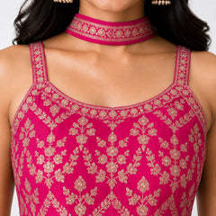 Pink Embroidered Chinon Kurta Set with Sharara & Dupatta for Women