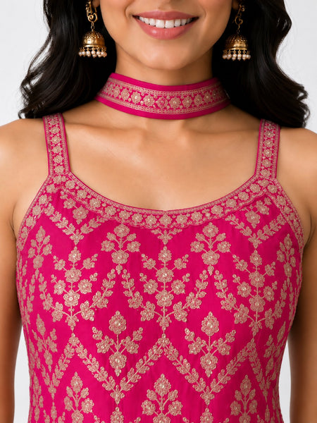 Pink Embroidered Chinon Kurta Set with Sharara & Dupatta for Women