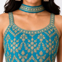 Women's Teal Embroidered Chinon Kurta Sharara Set with Dupatta & Potli Bag