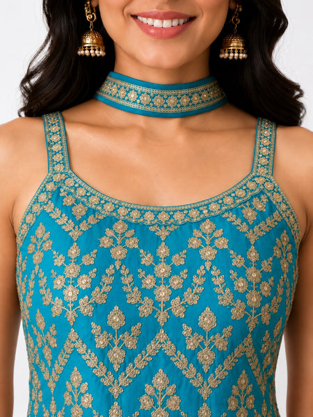 Women's Teal Embroidered Chinon Kurta Sharara Set with Dupatta & Potli Bag