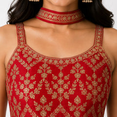Red Embroidered Chinon Kurta Set with Sharara & Dupatta for Women