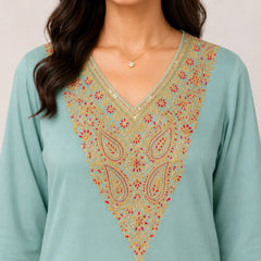 Women's Blue Embroidered Cotton Silk Kurta Set with Trousers & Dupatta