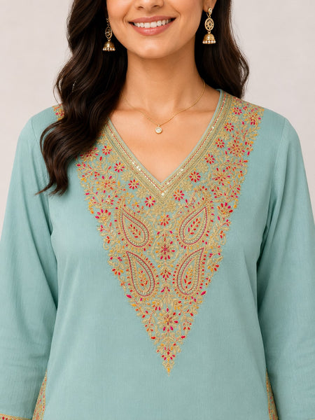 Women's Blue Embroidered Cotton Silk Kurta Set with Trousers & Dupatta