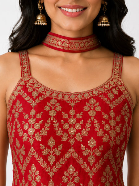 Red Embroidered Chinon Kurta Set with Sharara & Dupatta for Women