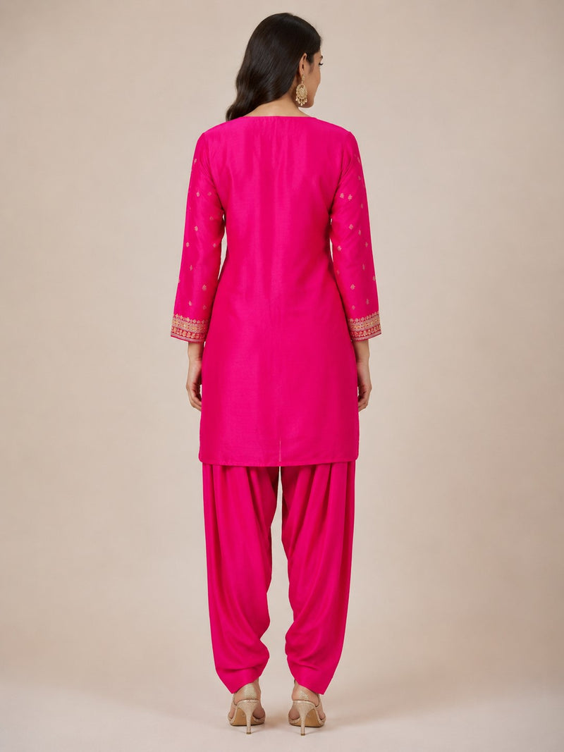 Women's Pink Embroidered Cotton Silk Kurta Set with Dhoti Pants & Dupatta