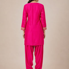 Women's Pink Embroidered Cotton Silk Kurta Set with Dhoti Pants & Dupatta