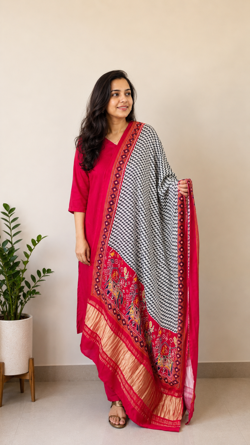 Desibutik Women's Red V-Neck Kurta Set