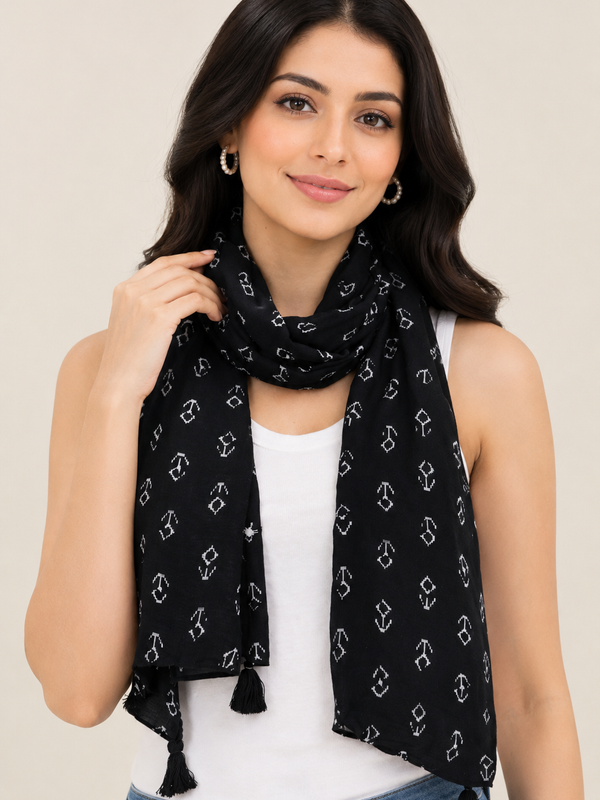 Pleasing Black Printed Muslin Daily Wear Scarves/Stoles for Women SC67