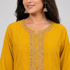 Yellow Embroidered Cotton Silk Anarkali Kurta Set with Trousers & Dupatta