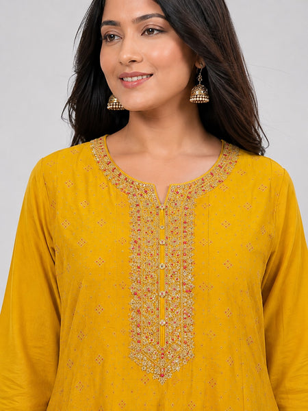 Yellow Embroidered Cotton Silk Anarkali Kurta Set with Trousers & Dupatta