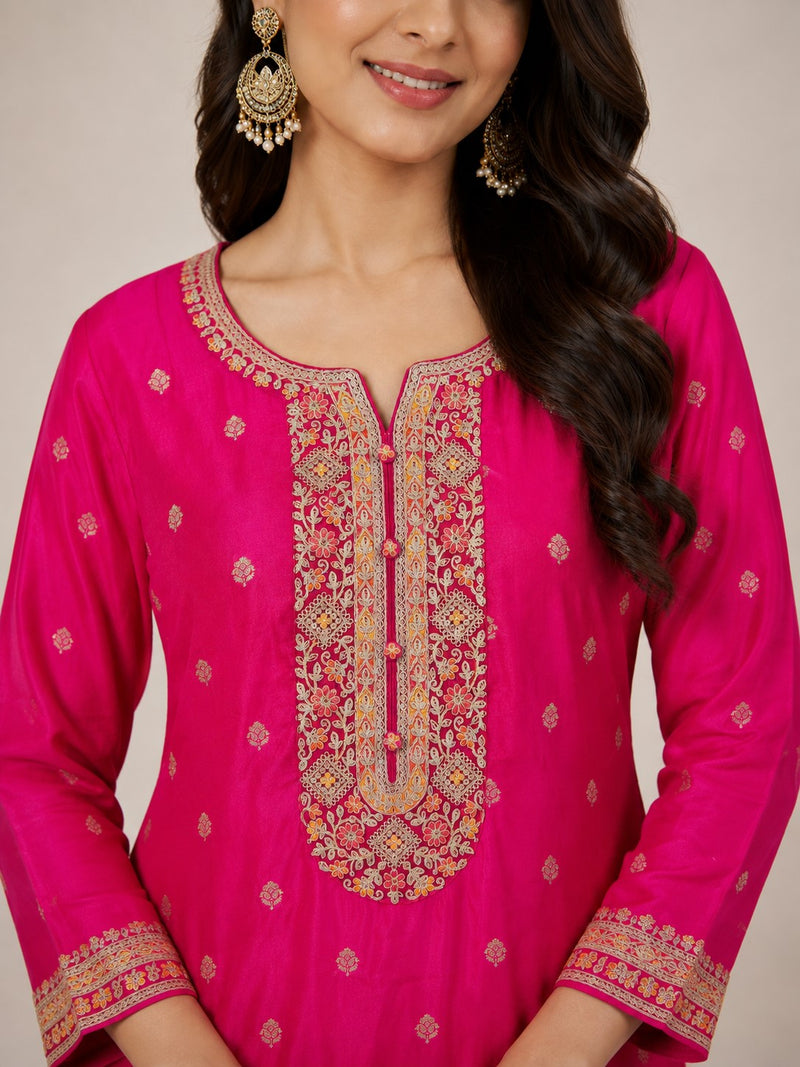 Women's Pink Embroidered Cotton Silk Kurta Set with Dhoti Pants & Dupatta