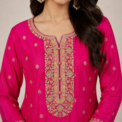 Women's Pink Embroidered Cotton Silk Kurta Set with Dhoti Pants & Dupatta