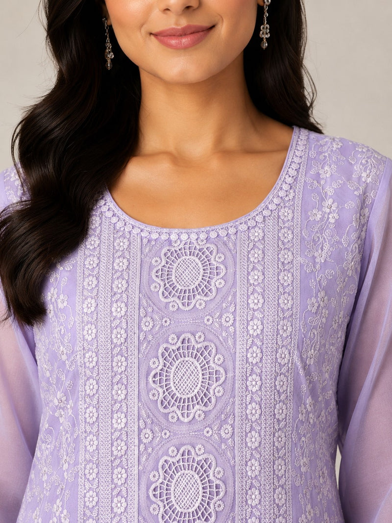 Women's Lavender Embroidered Cotton Silk Kurta Set with Dupatta