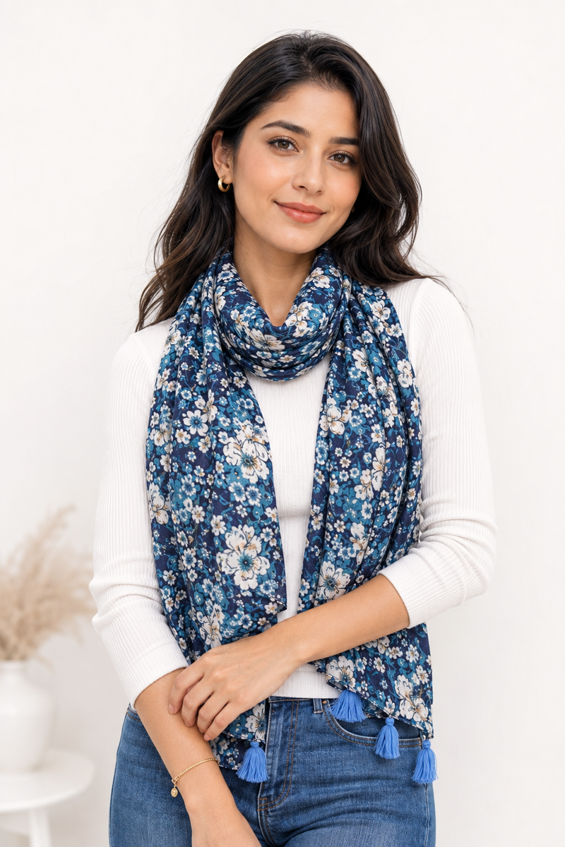 Splendid Blue Printed Muslin Designer Scarves/Stoles for Women SC70