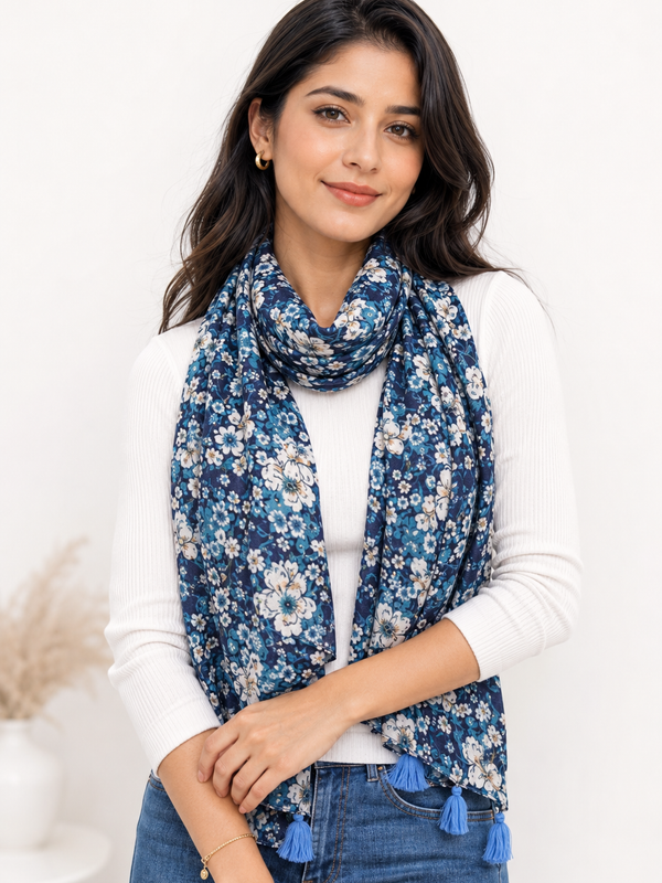 Splendid Blue Printed Muslin Designer Scarves/Stoles for Women SC70