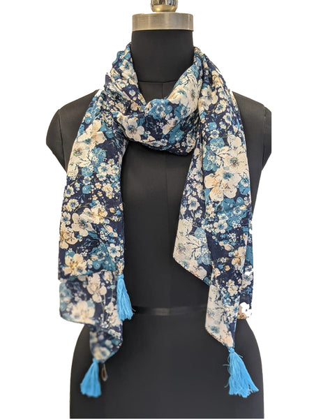 Splendid Blue Printed Muslin Designer Scarves/Stoles for Women SC70