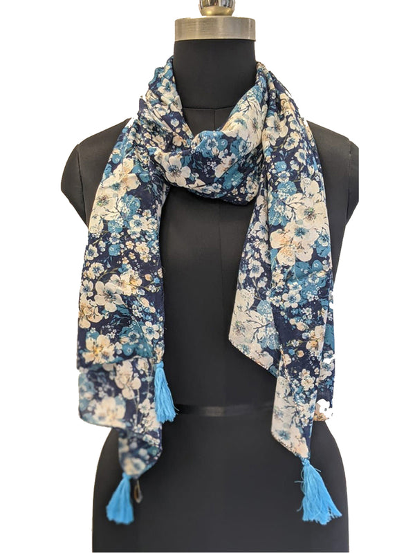 Splendid Blue Printed Muslin Designer Scarves/Stoles for Women SC70