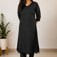 Desibutik Women's Black V-Neck Kurta Set
