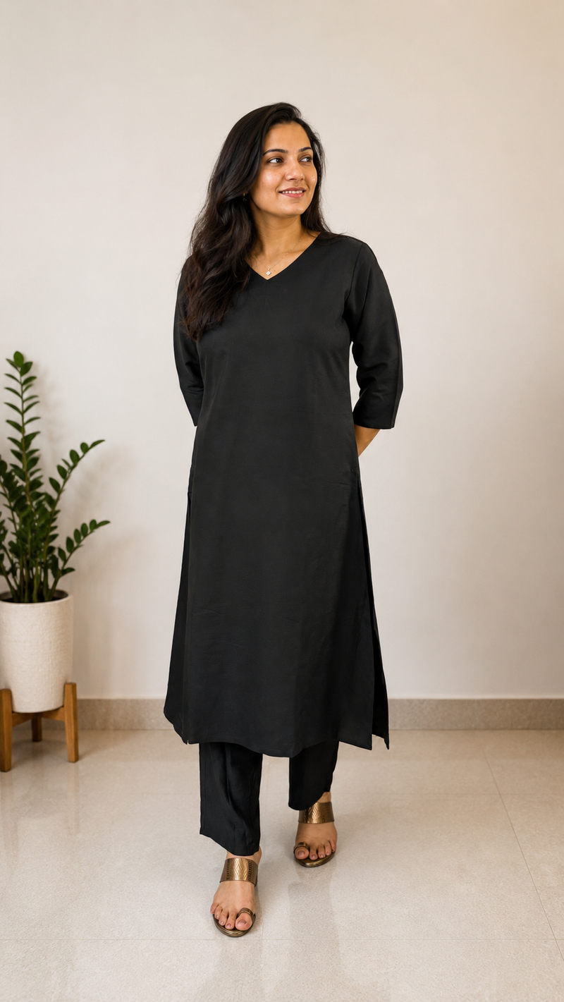 Desibutik Women's Black V-Neck Kurta Set