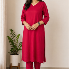 Desibutik Women's Red V-Neck Kurta Set