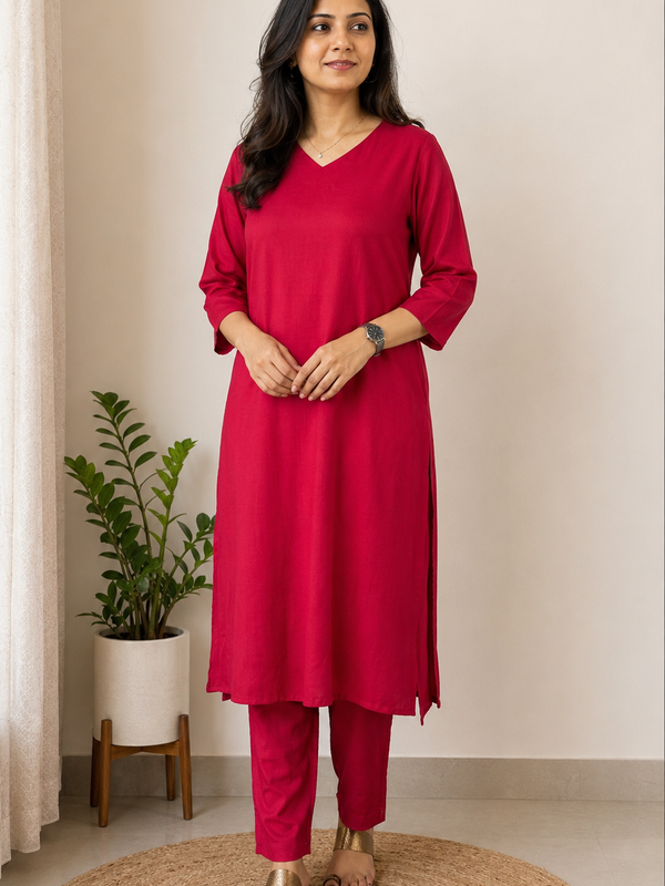 Desibutik Women's Red V-Neck Kurta Set