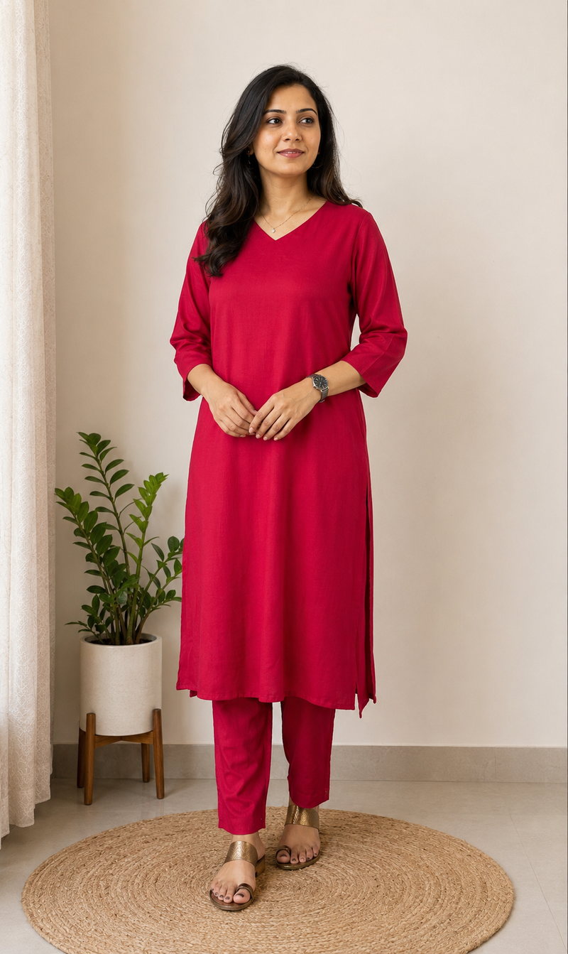 Desibutik Women's Red V-Neck Kurta Set