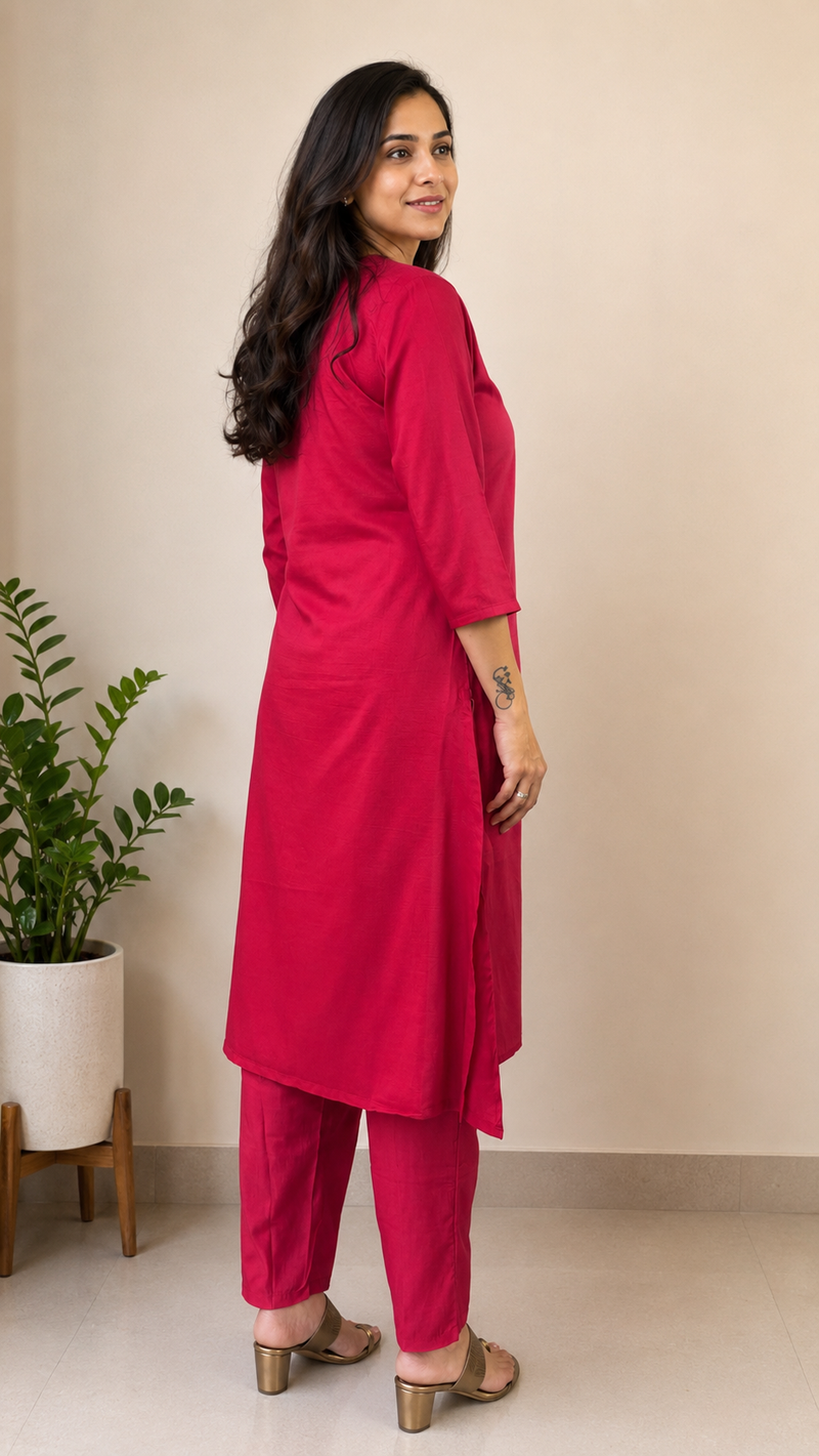 Desibutik Women's Red V-Neck Kurta Set
