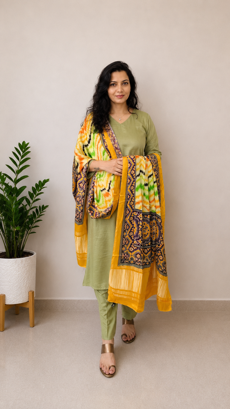 Desibutik Women's Olive Green V-Neck Kurta Set