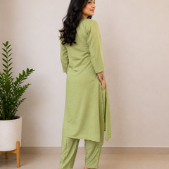Desibutik Women's Olive Green V-Neck Kurta Set