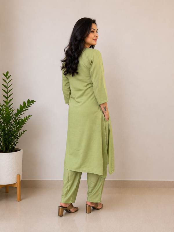 Desibutik Women's Olive Green V-Neck Kurta Set