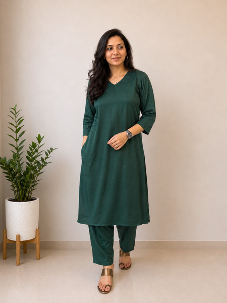 Desibutik Women's Bottle Green V-Neck Kurta Set