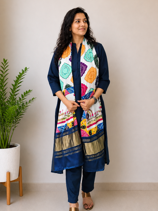 Desibutik Women's Navy Blue Collor Neck Kurta Set