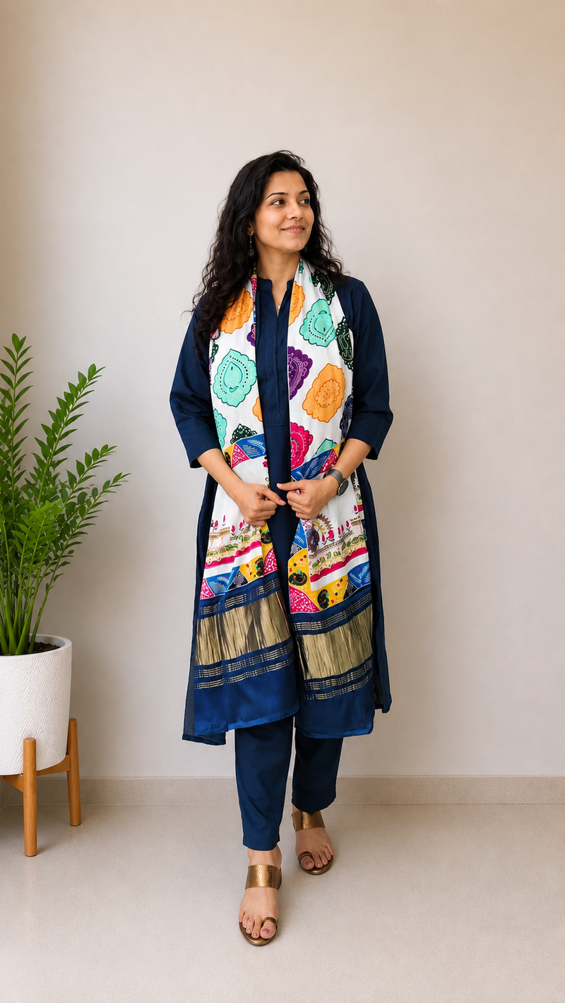 Desibutik Women's Navy Blue Collor Neck Kurta Set