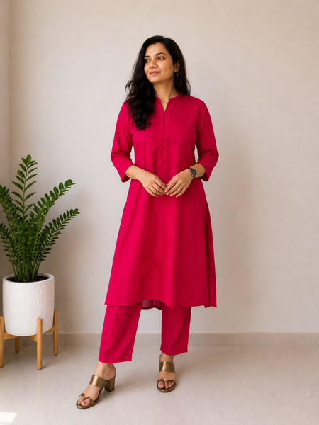 Desibutik Women's Rani Pink Collor Neck Kurta Set