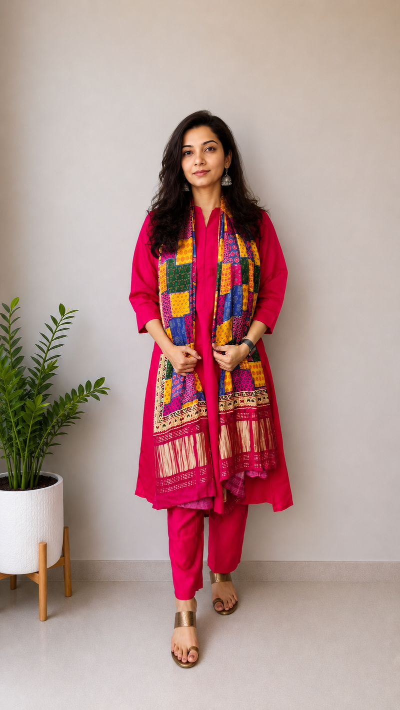Desibutik Women's Rani Pink Collor Neck Kurta Set