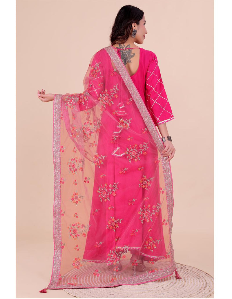 Pink Women's Net Dupatta suitable for Navratri, Diwali & All Occasions