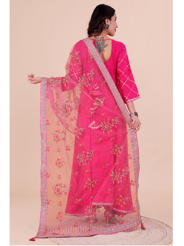 Pink Women's Net Dupatta suitable for Navratri, Diwali & All Occasions