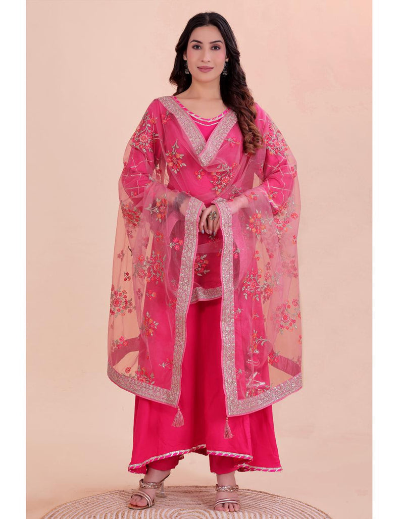 Pink Women's Net Dupatta suitable for Navratri, Diwali & All Occasions